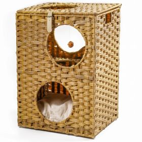 Rattan Cat Litter; Cat Bed with Rattan Ball and Cushion; Brown