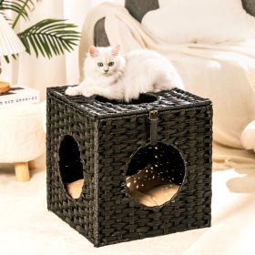 Rattan Cat Litter; Cat Bed with Rattan Ball and Cushion; Black