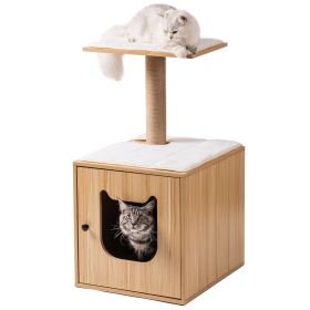 3-IN-1 Cat Litter Box Enclosure; Wooden Cat House with Cat Bed Hidden Cat Washroom Furniture with Scratching Post