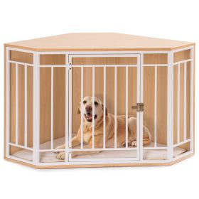 Corner Dog Crate with Cushion; Dog Kennel with Wood and Mesh; Doghouse; Pet Crate Indoor Use