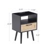 15.75" Rattan End table with Power Outlet & USB Ports ; Modern nightstand with drawer and solid wood legs; side table for living roon; bedroom; black