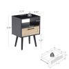 15.75" Rattan End table with Power Outlet & USB Ports ; Modern nightstand with drawer and solid wood legs; side table for living roon; bedroom; black