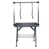 NEW HIGH QUALITY FOLDING PET GROOMING TABLE STAINLESS LEGS AND ARMS BLACK RUBBER TOP STORAGE BASKET