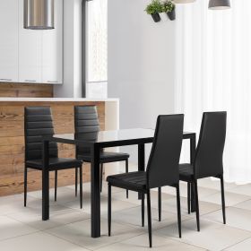 5 Pieces Dining Table Set for 4; Kitchen Room Tempered Glass Dining Table ; 4 Faux Leather Chairs ; Black (Color: Black)