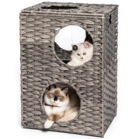 Rattan Cat Litter; Cat Bed with Rattan Ball and Cushion; Grey (Color: Grey)